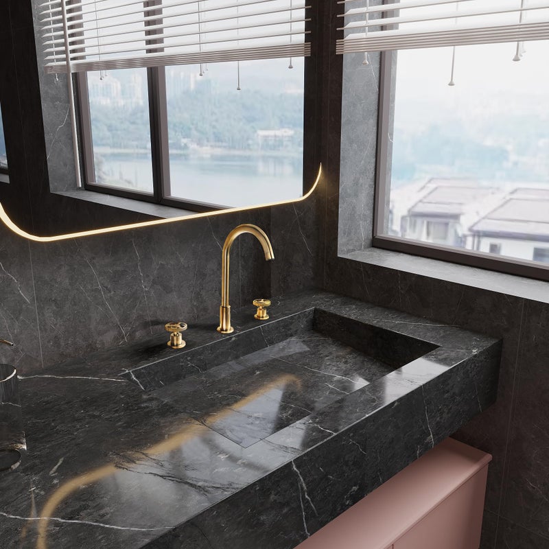 SKOWLL Brushed Gold Widespread Bathroom Faucet, Double Handle Bathroom Sink Faucet, Modern Vanity Faucets for 3 Hole, High Arc 360Â° Spout - Image 2